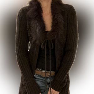 Slonl brown fur collar long sweater with empire waist tie together size M